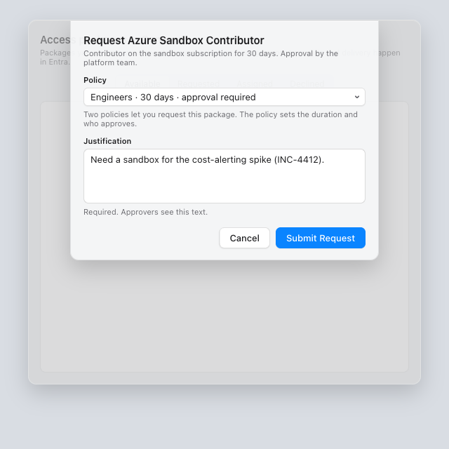 Requesting the Azure Sandbox Contributor access package with a policy and justification.