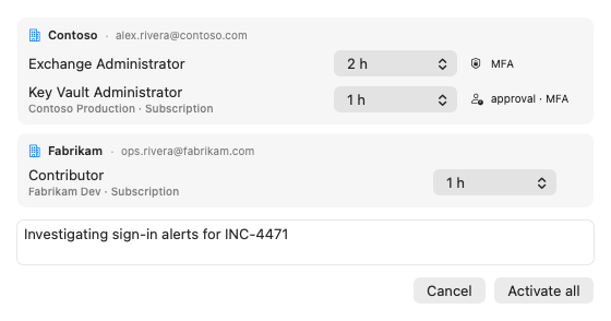 Bulk activation for Contoso and Fabrikam, with a duration for each role and a shared justification.