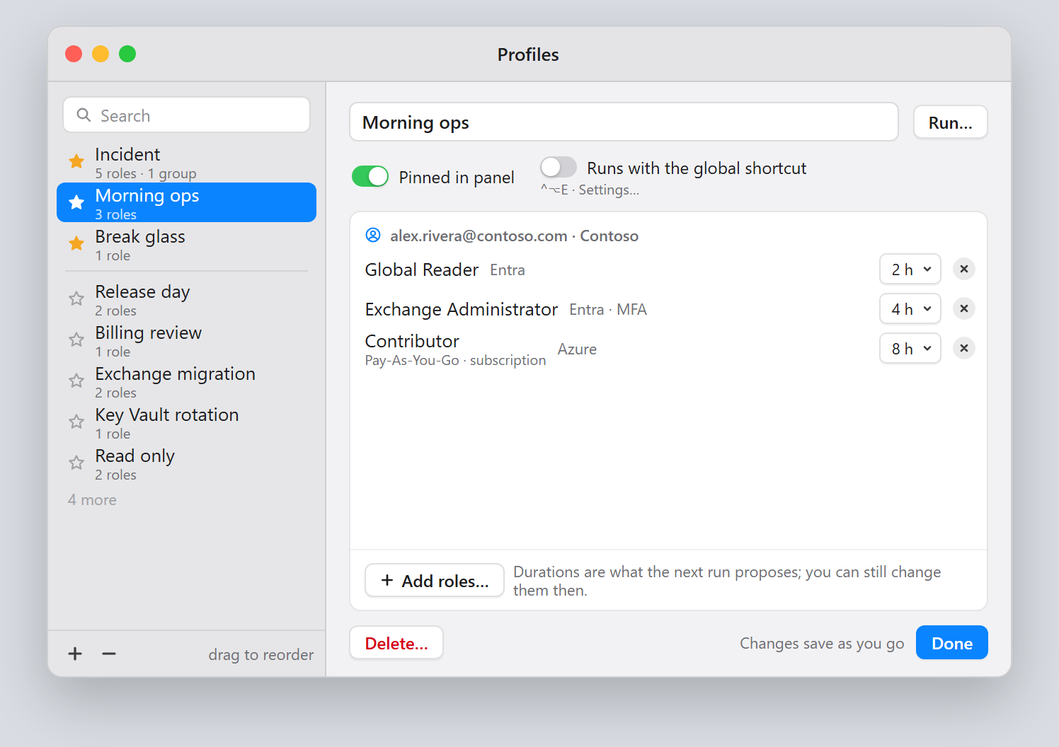 Profiles window with Morning ops selected, showing saved Entra and Azure roles and their durations.