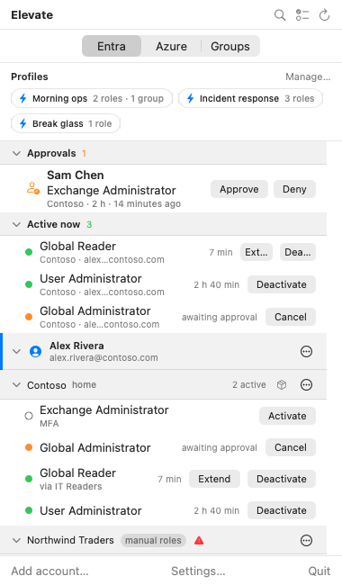 Elevate panel showing profiles, pending approvals and active Entra roles across accounts and tenants.